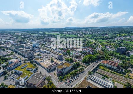 Ravensburg, zentrale Stadt der Region Bodensee-Oberschwaben aus der Vogelperspektive Stockfoto
