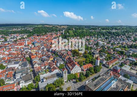 Ravensburg, zentrale Stadt der Region Bodensee-Oberschwaben aus der Vogelperspektive Stockfoto