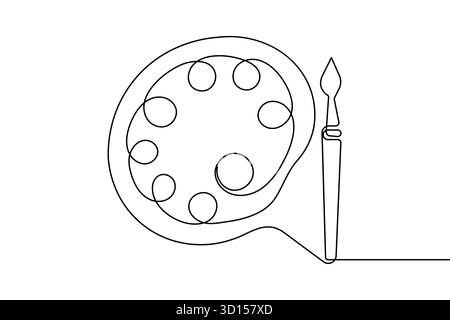 Farbpalette und Kunstpinsel durchgehende einzeilige Zeichnung minimalistischer Stil isolierter Vektor Illustration Stock Vektor