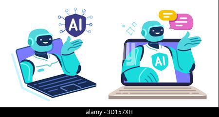 KI-Online-Support. Laptop mit Roboterassistent. Technologiekonzept künstlicher Intelligenz Stock Vektor
