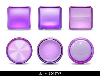 3D-Taste. Quadratischer rechteckiger Glasrahmen, rundes, hochglänzendes Metall-ui-Panel oder rechteckiger Schnittstellenrand, Anwendungsform, pinkfarbene, leere geometrische Figuren. Vektorisolierte Rendersymbole gesetzt Stock Vektor