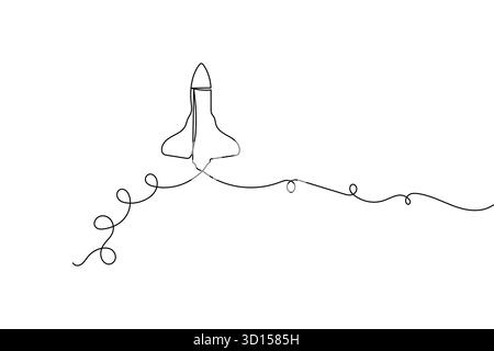 Rakete durchgehende einzeilige Zeichnung minimalistischer Stil isolierte Umrissvektorillustration auf weißem Hintergrund Stock Vektor