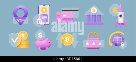 Symbole für 3D-Glas. UI-Geldspiel-App, Finanzkalender, transparente Business-Gradienten-Karte, Medienschnittstelle. Bankwährung, Smartphone-Startup-Rakete, Technologie-Lieferung. Vektorglassmorphismuselemente Stock Vektor