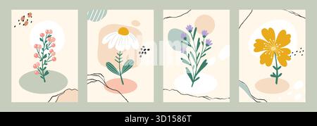Blumenposter. Niedliche Kamille und Gänseblümchen, Dekoration mit Wildblumen. Handgezeichneter Blumenstrauß, botanisches vertikales Banner. Zeitgenössische Wandkunst. Vektor-Cartoon flache Art isolierte Illustration Stock Vektor