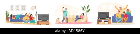 Die Leute spielen Spiele. Online-Videos für die ganze Familie oder Papa zu Hause, Wochenendausflug, glücklicher Charakter auf dem Sofa. Junge, Mann oder Frau halten Joystick oder Smartphone Vektor isolierte Illustration Stock Vektor