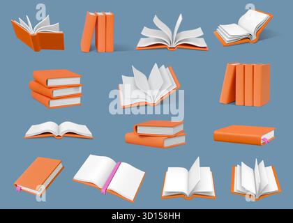 3D-Bücher. Öffnen Sie die Schulbibliothek, lesen Sie Renderelemente. Realistische Lexikon-Deckenstapel, Notizbücher oder Enzyklopädien, Bildungs- und Wissenssymbole. Vektor-isolierte Abbildung Stock Vektor