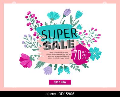 Super-Sale-Banner. Kritzeln Sie Blumen. Botanisches Design für den Frühling und Sommer. Marketinggrafik. Poster mit Informationen zum Sonderangebot zum Rabatt, Platz für Text. Vektor-isolierte Werbeaktion Shop-Illustration Stock Vektor
