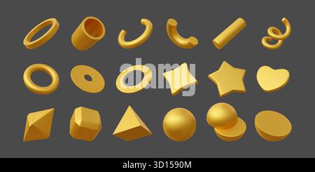 3D Goldobjekte. Goldener Würfel, Kugel, Stern- und Herzelement, Metallform oder abstrakter, fliegender geometrischer volumetrischer Ring. Realistisches Dreieck, Kegel, digitales isoliertes Element. Renderset für Vektorsymbole Stock Vektor