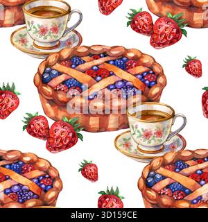 Nahtloses Muster mit Vintage-Varieté-Set aus süßem Dessert, Cupcakes, Kuchen, Torten und Marmeladen mit Beeren isoliert auf weißem Hintergrund. Aquarellhand Stockfoto