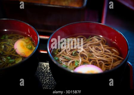 Zwei Schüsseln dampfender japanischer Soba-Nudeln in pikanter Brühe, garniert mit grünen Zwiebeln und Fischkuchenscheiben. Ein warmer und authentischer Geschmack von Tradition Stockfoto