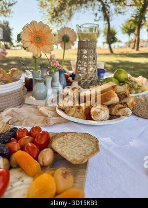 Ein Picknick mit frischem Obst, Brot und Gebäck auf einer weißen Tischdecke. Blumen und Getränke werden in einer sonnigen Umgebung im Freien arrangiert. Stockfoto
