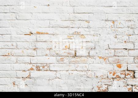 Alte, weiß getünchte Ziegelwand mit abblätternder Farbe und freiliegender gelber Oberfläche darunter. Stockfoto