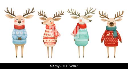 Niedlicher Weihnachts-Wasserfarben-Clipart, Illustrationen, festlicher Feiertags-Charakter-Set Stockfoto