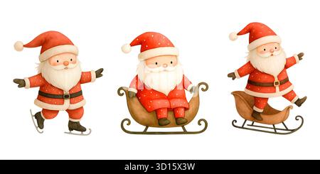 Niedlicher Weihnachts-Wasserfarben-Clipart, Illustrationen, festlicher Feiertags-Charakter-Set Stockfoto