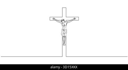Kontinuierliche Linienkunst von Jesus Christus. Eine Linienzeichnung des Herrn Jesus, der am Kreuz gekreuzigt wird. Linienkunst des Kreuzigungsereignisses Jesu Christi. vecto Stock Vektor