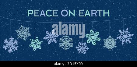 Schneeflocken und Winterbotschaft des Friedens auf Erden Stock Vektor