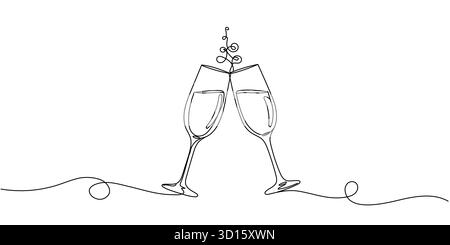Eine Linie Sekt zum Toast. Kontinuierliche lineare Paar Weingläser klirren. Hochzeitsparty. Minimalistischer, bearbeitbarer Silvesterstrich. Stock Vektor
