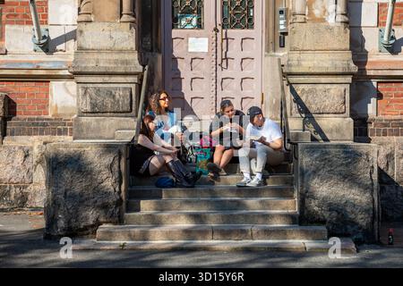 Freunde sitzen an einem sonnigen Sommerabend auf der ENSI Linja 1 Treppe im Bezirk Kallio in Helsinki, Finnland Stockfoto