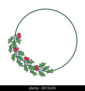 weihnachtsbaum runder Kranz mit grünen Blättern und roten Beeren für Winterurlaub grafisches Design, Vektor Hand gezeichnetes Dekor isoliert auf weiß für Greeti Stock Vektor
