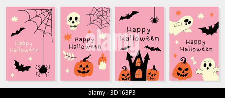 Set rosafarbene Halloween-Grußkarten mit Kürbissen, Geistern, Fledermäusen und Spinnennetzen. Niedliche und schlichte flache Illustration für saisonale Dekoration und Aufdruck Stock Vektor