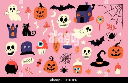 Bunte Halloween-Illustration auf rosa Hintergrund mit Kürbissen, Geistern, Fledermäusen und Spinnen. Flacher Vektor-Doodle-Stil für Dekoration, Poster oder Muster Stock Vektor
