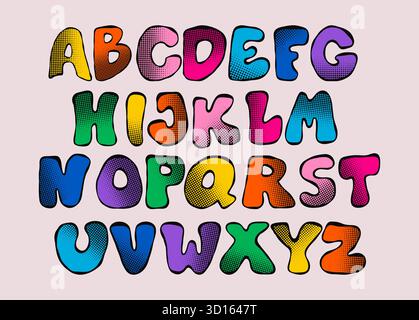 Farbenfrohes Alphabet mit Halbtonstruktur. Isolierte Bubble-Comic-Buchstaben in leuchtenden Regenbogenfarben. Handgezeichnet für Comics, Poster, Kinderdesigns Stock Vektor