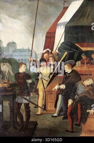 BALDUNG GRIEN, Hans (* 1484/85, Schw?bisch-GM?nd, 1545, Strassburg) Mucius Scaevola 1531 Lindenholz, 98 x 68 cm Edelsteingalerie, Dresden Mucius Scaevola (Livy 2:12-13) war ein Held der römischen Legende. Als die etruskischen Truppen, angeführt von Lars Porsena, König von Clusium, Rom belagerten, gelang es dem jungen römischen Adligen Caius Mucius, verkleidet in die feindlichen Linien einzudringen und Porsena zu töten. Irrtümlicherweise tötete er den Sekretär des Königs, der neben ihm saß. Mucius wurde ergriffen, aber um zu zeigen, wie billig er sein Leben hielt, stieß seine rechte Hand in die Flammen eines Altarfeuers und ließ es brennen Stockfoto