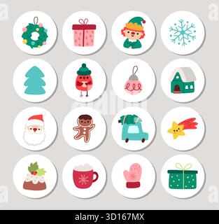 Weihnachtskarten mit Weihnachtsmann, Elfe, Baum, Geschenke, Schneeflocke, Ball, Haus, Fäustling. Vektor-Symbole für Neujahr. Design für Tags, Anzeigen Stock Vektor