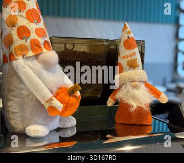 Zwei Herbstzwerge mit Kürbismuster und weißen Bärten. Gemütliche saisonale Show, festliche Café-Atmosphäre und herzliche handgefertigte Charme-Feier Stockfoto