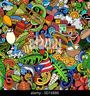 Vektorhintergrund mit Puerto-ricanischer karibischer Kultur, traditionellen Symbolen und Gegenständen. Leuchtende Farben Mittelamerikanisches komisches nahtloses Muster Stock Vektor