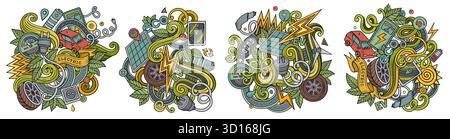 Elektrofahrzeuge Cartoon Vektor Kritzelentwürfe Set. Farbenfrohe, detailreiche Kompositionen mit vielen EV-Objekten und Symbolen Stock Vektor