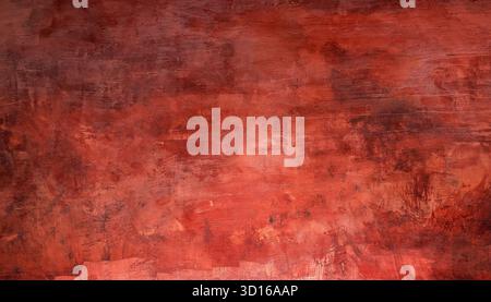 Die Struktur des grungy roten Zements schafft eine abstrakte Oberfläche mit verwitterten Betonmustern mit unterschiedlichen dunklen und hellen Pinselstrichen, perfekt für Stockfoto