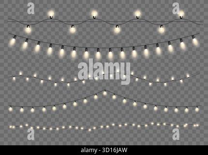 Weihnachtsgirlanden. Glühbirnen an der Schnur an Weihnachten, Neujahr und Karnevalsparty, Winterfeierdekoration. Rahmen für leuchtende LED-Lampen. Realistisches isoliertes Vektor-3D-Set. Stock Vektor