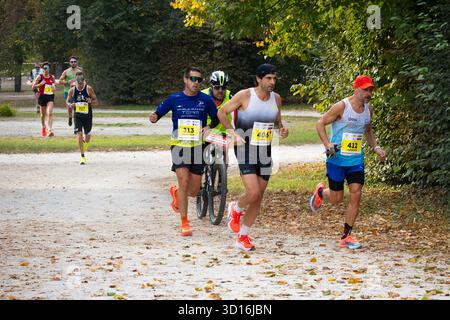 Marathonteilnehmer, die durch den malerischen Herbstpark laufen, zeigen Energie Ausdauer und Teamarbeit bei einem Outdoor-Sportereignis mit gesundem Lebensstil. Stockfoto