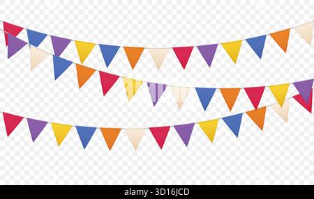 Farbige Dreiecksfahnen. Festliche Girlande mit Papierzaubern für Karneval und Geburtstagsfeier, Jubiläumsfeier. Isoliertes 3D-Vektor-Set. Stock Vektor