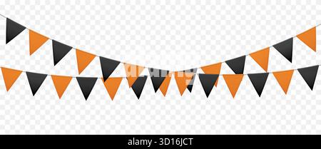 Halloween-Fahnen. Festliche Girlande mit schwarzen und orangen Papierdreieckern, herbstliche gruselige Karnevalsdekoration. 3D realistischer Vektor isoliertes Modell für Party Einladungskarte. Stock Vektor