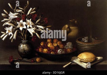 BARRERA, Francisco (* 1595, Madrid, d. 1658, Madrid) Stilleben mit Blumen und Früchten 1643 Öl auf Leinwand, 63,5 x 94,5 cm Privatsammlung Francisco Barrera wurde in den 1630er und 1640er Jahren zu einer wichtigen Figur in der Künstlergemeinschaft in Madrid, als er die Leitung der Malergilde übernahm. Er blieb jedoch ein relativ unbekannter Meister im Panorama der Malerei am spanischen Hof. Wie viele andere Maler mit begrenzten Talenten war Barrera ein Allrounder, dessen Produktion sich auf religiöse Themen, Heiligenbilder, Landschaften und Stillleben konzentrierte. Wie Juan de Arellano Stockfoto