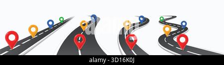 Kurvige 3D-Straße mit Stiften. Infografik der Business Journey Map, gewellte Perspektive. Abstrakte Straße, Prozessdiagramm für den Arbeitsablauf, Zeitachse. Vektor-Flussdiagrammvorlagen. Stock Vektor
