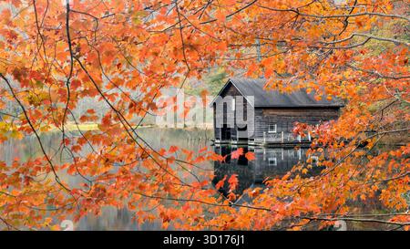 Holzboathouse im Herbst - Lake Julia, DuPont State Recreational Forest - Cedar Mountain, North Carolina, USA Stockfoto