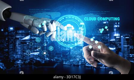 KI auf einer globalen Cloud-Computing-Plattform, die Dienste für die Softwareentwicklung bereitstellt. Ein weltweites Netzwerk für KI-Datenspeicherung und Anwendungs-Hosting. Stockfoto