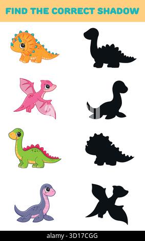 Finden Sie den richtigen Schatten. Süße Dinosaurier. Lernspiele für Kinder. Vektorabbildung Stock Vektor
