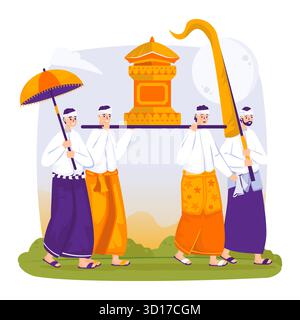 Balinesische Kulturtradition der Melasti-Zeremonie Vektor-Illustration Stock Vektor