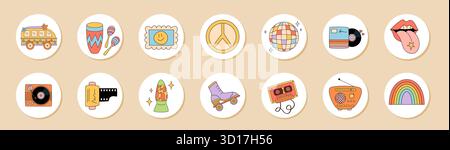 Retro Funky Music Sticker Circle Set Stock Vektor