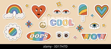 Grooviges Retro-Sticker-Set Mit Cartoon Stock Vektor