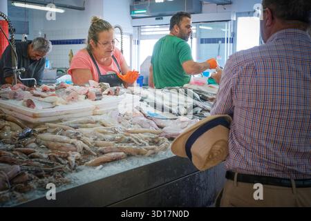 Aveiro, Portugal; 15. August 2025: Fischmarktstand, an dem Händler Meeresfrüchte zubereiten und Kunden servieren. An der Theke werden frische Tintenfische ausgestellt Stockfoto