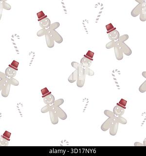 Nahtloses Weihnachtsmuster mit Lebkuchenmännern und Zuckerstangen Stock Vektor