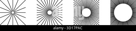 Gerade radiale Linien in quadratischen Formen. Set mit Symbolen zum Sonnenschein. Sonnenschilder. Symbole für Strahlkraft, Explosion oder Feuerwerk auf weißem Hintergrund. Vektorgrafik. Stock Vektor