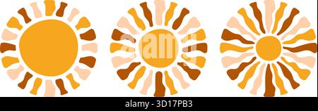 Set mit groovigen Sonnenformen. Sonnenstrahl-, Sonnenaufgangs- oder Sonnenuntergangssymbole. Frühlings- oder Sommermotive. Gutes positives Vibes-Konzept. Moderne lustige Drucke. Hippie-Designelemente. Illustration der Vektorabwicklung. Stock Vektor