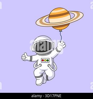 Netter Astronaut, Der Mit Saturn Planet Ballon Vektor Illustration Cartoon Design Fliegt Stock Vektor
