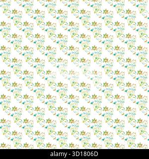 Ein sich wiederholendes Muster aus kleinen, stilisierten Blumen mit gelben Mittelpunkten und blauen und grünen Akzenten auf weißem Hintergrund. Stock Vektor